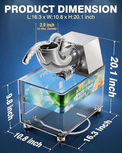 PYY Snow Cone Machine - Commercial Ice Crusher Shaver, Electric Crushed Shaved Snowcone Maker, All-Copper Motor 440LBS/H 1400RPM, Stainless Steel Full Body, Dual Blades, Acrylic Box and Drain Pipe - Thumbnail 6