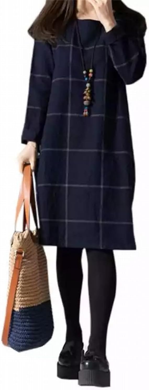Amazon Co Jp Ric リック チェック柄 ワンピース 長袖 紺 綿 麻 コットン リネン 格子柄 ワンピース Aライン M L Xl 大きい サイズ ゆったり 楽ちん 体型カバー ママ マタニティ スタイル 秋 冬 あったか コーデ L 服 ファッション小物