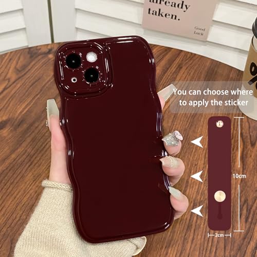 NITITOP Compatible with iPhone 15 Case Cute Simple Wave Design Stylish Wavy Curly Frame with Wrist Adjustable Hand Strap Kickstand Grip Holder Soft Silicone Protective Cover - Wine Red by NITITOP - Image 3