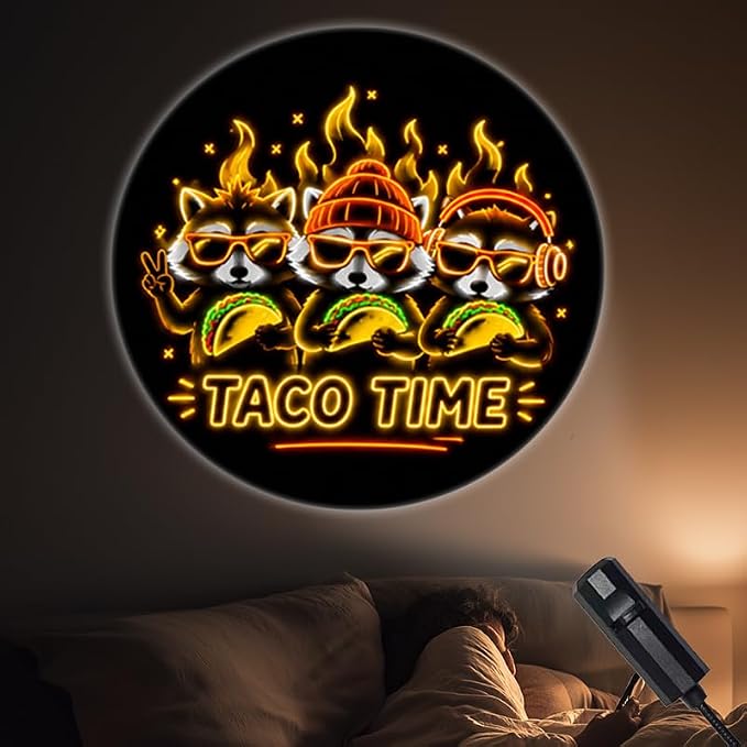 FLFGIDD Portable Projector Lamp USB Powered with Three Cool Cartoon Creatures Wearing Sunglasses Hat Headphones Holding Tacos in Taco Time Scene