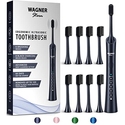 Wagner Stern ultrasonic whitening Electric Toothbrush with 8 Charcoal Black Brush Heads. for Fresh Breath & Healthy Smile. (Charcoal)