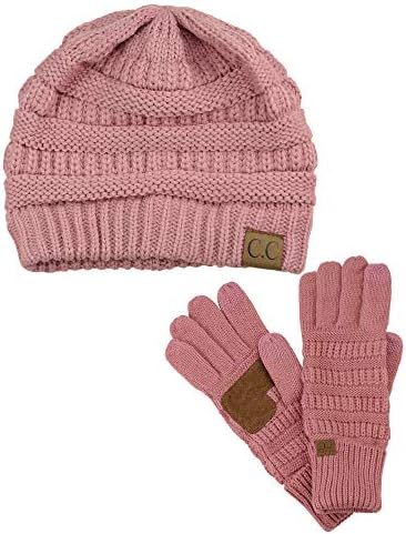 C.C Unisex Soft Stretch Cable Knit Beanie and Anti-Slip Touchscreen Gloves 2 Pc Set, Mauve