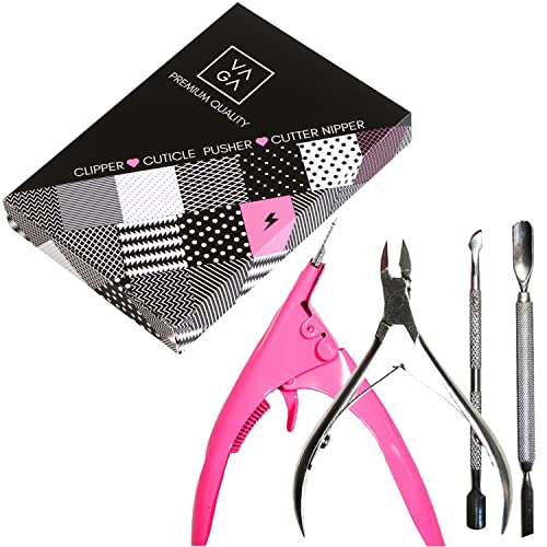 VAGA Nail Cuticle Pusher and Acrylic Nail Cutter Set Including 4 Tools, Acrylic Nail Clipper, Cuticle Nipper Scissors, Cuticle Remover And Cuticle Pusher Stainless Steel Metal Manicure Pedicure Pack