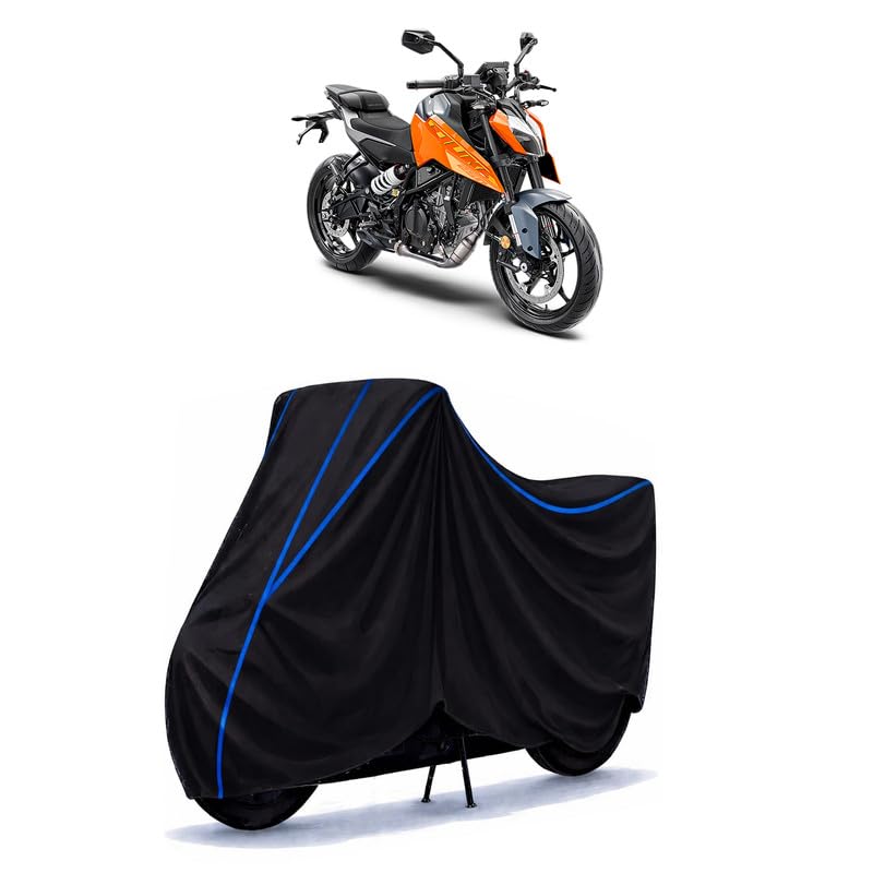 Image of KTM 250 Adventure Bike Cover Water Resistant Universal Motorcycle Rain | Heavy Duty UV Protection, Dust, Scratch Indoor Outdoor All Weather with Black Blue Piping Elastic