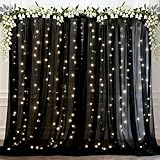 Ledido 2 Pack 10×8ft Black Tulle Backdrop Curtains with Lights String - 300LED Fairy Lights Sheer Curtain Backdrop for Wedding Baby Shower Photo Shoot Birthday Party Decoration(2 Panels 5×8ft)，Black