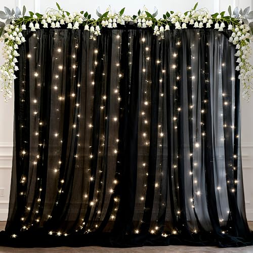 Ledido 2 Pack 10×8ft Black Tulle Backdrop Curtains with Lights String - 300LED Fairy Lights Sheer Curtain Backdrop for Wedding Baby Shower Photo Shoot Birthday Party Decoration(2 Panels 5×8ft)，Black