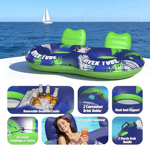 Image of JOSEN Inflatable River Tube Float - 2 Person Heavy Duty River Float, Pool Floats Adult, Lake River Floats Water Tubes for Floating with Removable Cooler & Cupholders for Summer Relaxation