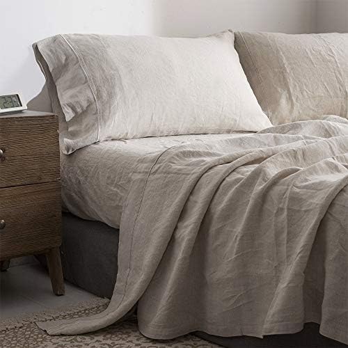 Simple&Opulence 100% French Linen Sheet Set Full Size-Pure Natural Flax Bed Sheet-4 Pcs Breathable Ultra Soft Farmhouse Bedding (1 Flat Sheet,1 Fitted Sheet,2 Pillowcases)-Embroidery Linen