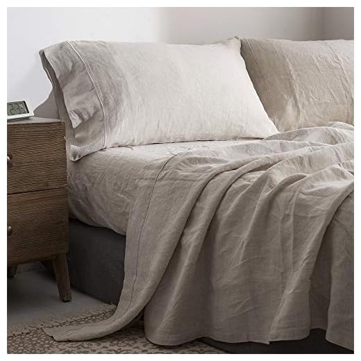 Simple&Opulence 100% Washed Linen Sheet Set-Queen Size-Natural France Flax Bed Sheet-4 Pcs Breathable,Ultra Soft,Farmhouse Bedding (1 Flat Sheet,1 Fitted Sheet,2 Pillowcases)-Embroidery Linen