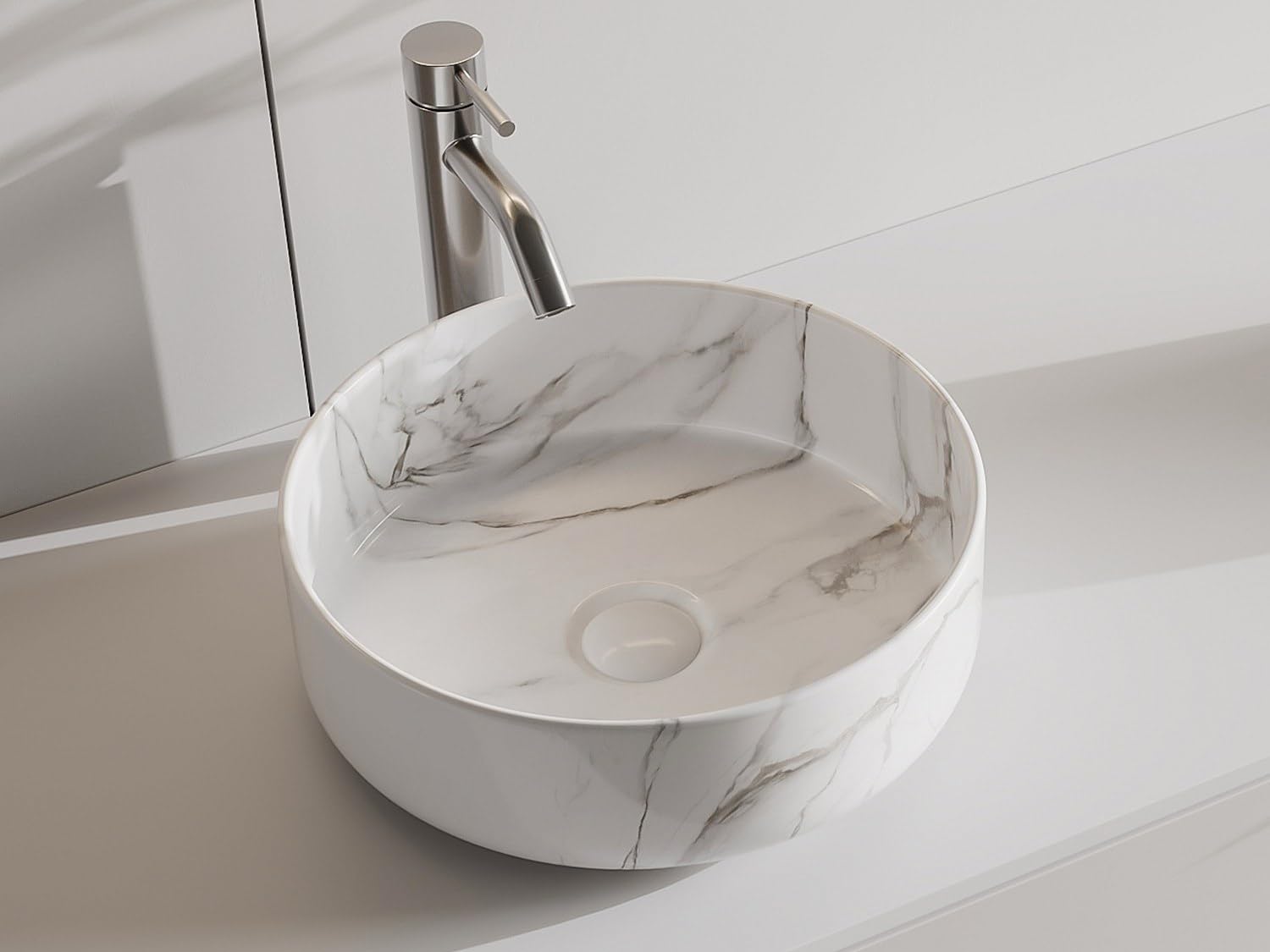 Vente-unique-Lavabo da appoggio rotondo Bianco effetto marmo in Ceramica 36 cm VIAMARBA