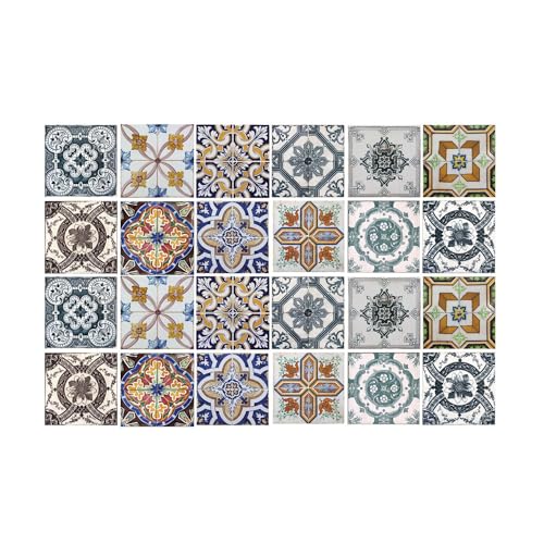 WALPLUS 24 Stück 15x15cm Korfu Farbenfroh Mediterran Mehrfarbig Wandfliesen Aufkleber Schälen und Kleben Backsplash Abziehbilder Startseite Dekore Aufkantung für Küche Badezimmer Kacheln Farbe auf