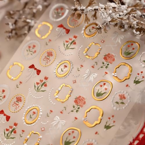 Image of Vintage Rose Nail Stickers with Gold Foil Frame Nail Decals 5D Embossed Self-Adhesive Nails Art Stickers for Women Manicure Decoration Accessories Supply