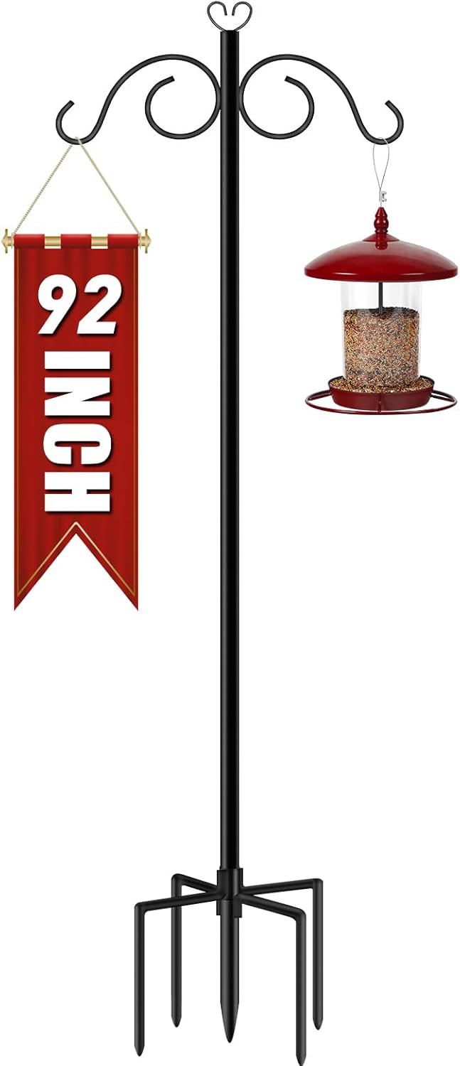Double Shepherds Hooks for Outdoor Heavy Duty, 1 Pack 92 Inch Bird Feeder Pole with 5 Prongs Base, Adjustable Tall Shepherds Hook for Garden Hooks for Hanging Plants Flower Basket, Lantern