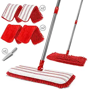 Flat Mop,Double-Sided Chenille Mop with 4 Microfiber Mop Pads, Household Floors Cleaning Mop for Tile, Laminate, Hardwood, Ceramic, Marble-Send 1PC Cleaning Scraper