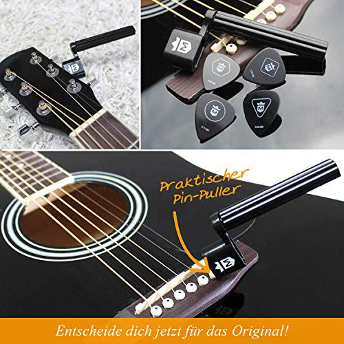 MORIATY® Saitenkurbel für Gitarre – 3-in-1 Saitenspindel mit integriertem Pin-Puller | Für Akustikgitarre, Westerngitarre & E-Gitarre | Inkl. 4 Plektren + Gitarrenschule | Schneller Saitenwechsel