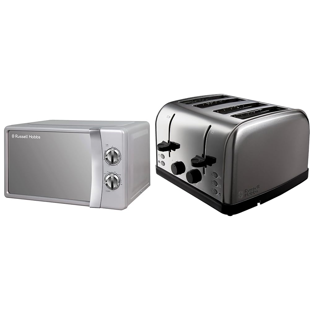 Russell HobbsRHMM701S 17 Litre 700 W Silver Solo Manual Microwave with 5 Power Levels, Ringer & 4 Slice Toaster (High lift feature, 7 Browning levels, Frozen/Cancel/Reheat function