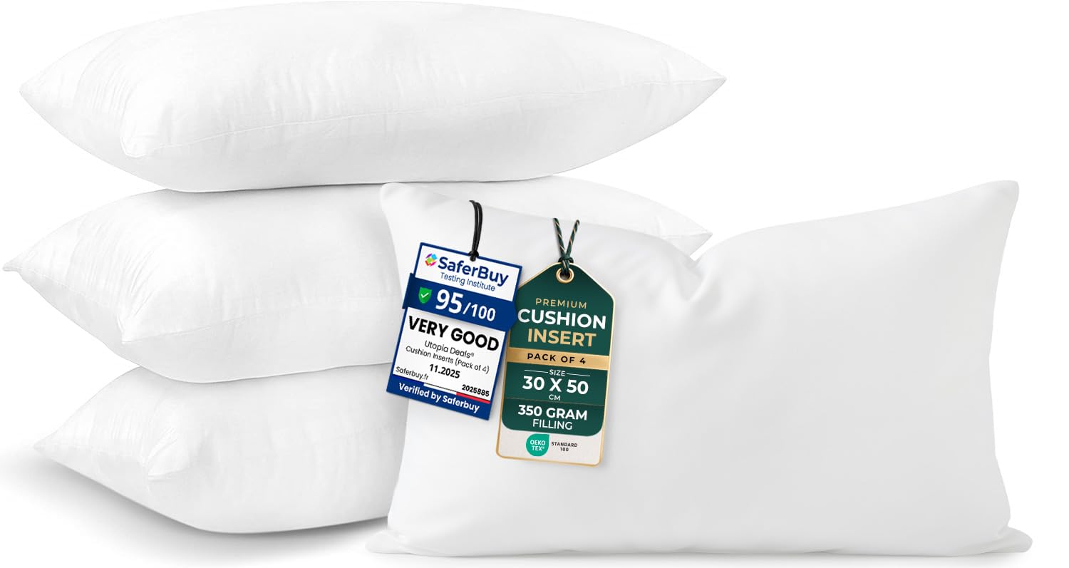 Utopia Bedding Cushion Inserts, Hollowfibre Inner Pads for Sofa or Bed – Cushions Fillers (4, White, 30x50 cm)