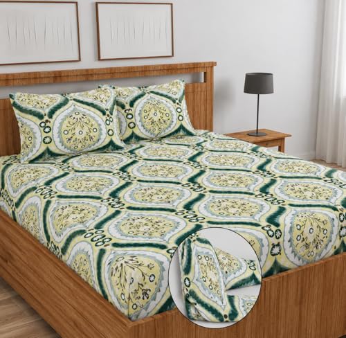 Image of 250 TC Glace-Cotton All Around Elastic Fitted Bedsheet, Elastic Fitted Bedsheet King Size Bedsheet for Double Bed with 2 Pillow Covers, Size - 72 x 78 x 8 Inch Color White