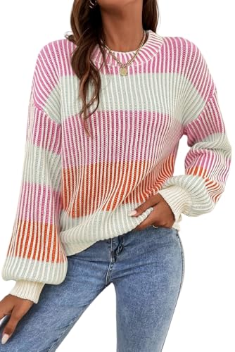 OCSTRADE Women's Pink Colorblock Textured Knit Bubble Sleeve Sweater Trendy 2024 Fall Winter Clothes