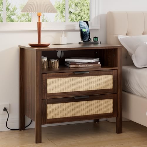 HOMMPA Rattan Night Stand with Charger Station, 26'' Wide Boho Nightstand with 2 Drawer, Modern Bedside Table with USB Port & AC Outlet, Bed Side End Table Dresser with Open Shelf for Bedroom, Walnut - image 1