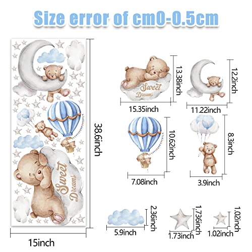 Tedy Bear Sleeping On The Moon And Stars Wall Stickers For Kids Baby Room Decor Sweet Dream Moon Hot Air Balloon Star Baby Nursery Decor Baby Shower Room Interior Decor Kid Bedroom Playroom Wall Decals (Blue) #TOP1