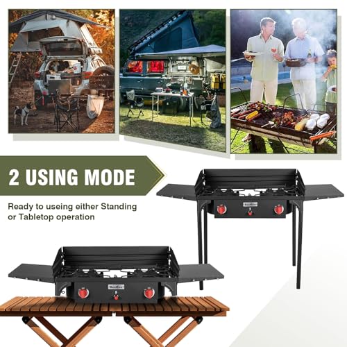 Image of Bestfire 150,000 BTU 2 Burner Propane Camping Stove with Auto Ignition, Windpanel, Portable Outdoor Gas Cooker with Removable Legs, Side Shelves for Camping, BBQ