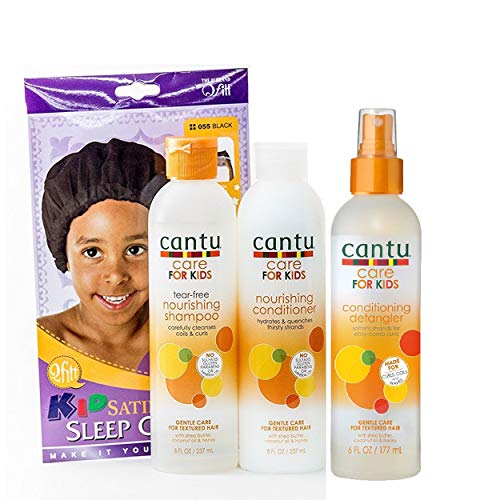 Cantu Care for Kids Tear-Free Shampoo, Conditioner & Detangler TRIO Bundle + FREE Kids Satin Sleep Cap