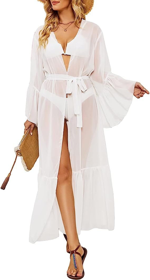 SUN-ROSE FASHIONSSheer Georgette Women's Front open Ruffle Skirt Hem Swimwear Cover up | Beach cover up | Shrug | overcoat | One Size fits all