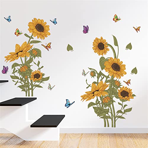 Waft Yearn Sun Flower And Butterfly Wall Decals Flower And Butterflies Wall Sticker Yellow Flowers And Butterflies Art Wall Clings Removable Vinyl Stickers For Bedroom Living Room Kid's Room Kindergarten Art Window Door Cabinet Corridor Wall Decor Murals #TOP3