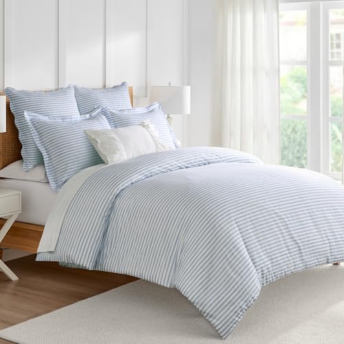 Levtex Home Martha Stripe Blue Reversible Full/Queen Comforter Set (90x94in) with 2 Pillowcases (26x20in) - Stripe Bedding - Blue White - Cotton Queen Size Comforter Set - Lofty Soft Pre-Washed
