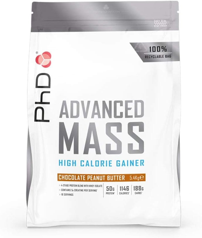 PhD Nutrition Advanced Mass Hard Gainer Bulk Phase Formula, Mass and Strength, Weight Gain Protein, Chocolate Peanut Butter Flavour, 5.4 kg Bag
