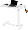Overbed Table with Wheels, Height Adjustable Bed Table with Gas Spring, Portable Rolling Computer Desk for Home Office, Small Rolling Desk with Hook, Fits Under Sofa/Bed, White
