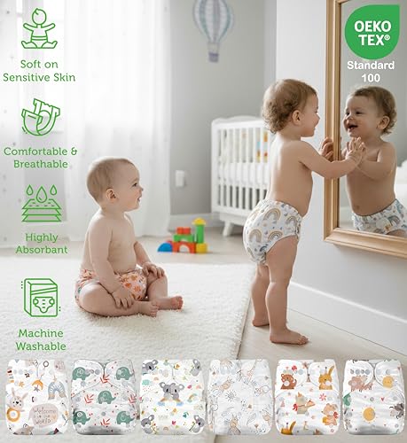 Miniatura 6 de Kolo Juego De 6 Pañales Lavables, 6 Pañales De Tela De Bambú, Bolsa De Pañales Para Viajes, Unisex Ajustable Pañales De Tela Para Bebé