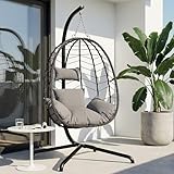 LEX CRAFT Hanging Egg Chair with Stand, Swinging Egg Chair Outdoor Indoor, Hanging Basket Chair with Cushion, Patio Wicker Hammock Chair 350lbs Capacity for Porch, Balcony, Backyard, Garden (Grey1)