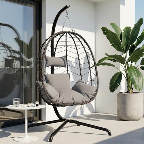 LEX CRAFT Hanging Egg Chair with Stand Swinging Egg Chair Outdoor Indoor Hanging Basket Chair with Cushion Patio Wicker Hammock Chair 350lbs Capacity (Brown-Gery)