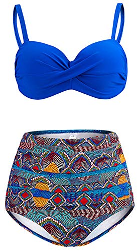 ChayChax Mujer Bikinis de Dos Piezas Conjuntos Retro Polka Punto Traje de Baño Cintura Alta, Azul Marino + Floral, Talla XL