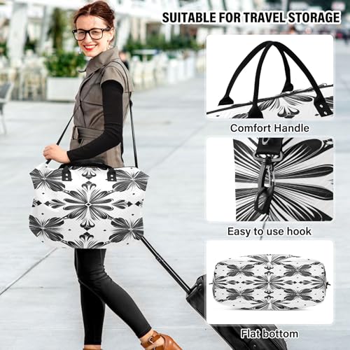 Black and White Symmetrical Floral Travel Duffel Bag for Women Weekend Overnight Dag with Toiletry Bag, Luggage Bag for Travel, Sport, Gym 6