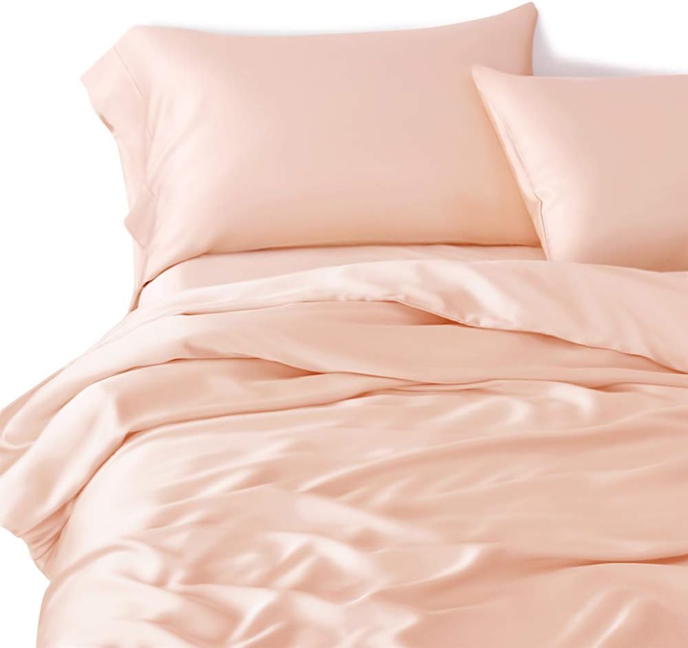 Premium Mulberry Silk Bed Sheets Fits 14-18" Deep Pocket, 22 Momme Twin XL Size 6A Luxury Silk Bedding Set with Flat Sheet, Fitted Sheet & 2 Pillowcases (Solid, Peach)