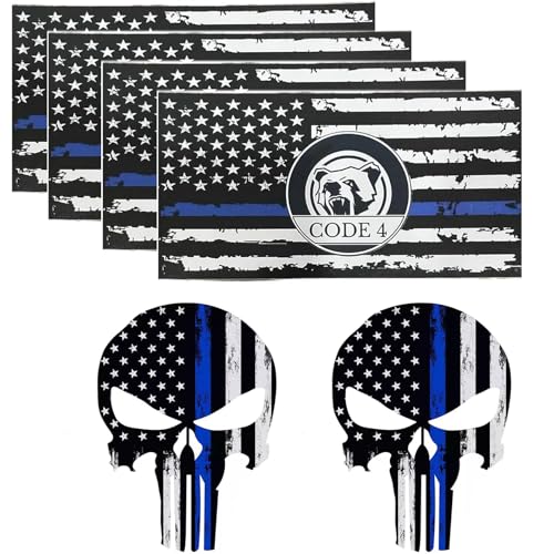 Image of 6pcs US Flag Code 4 Thin Blue Line Skull Car Stickers Decal, Honoring Police Support Truck Window Laptop Bumper Stickers, Bandera de policia la linea Azul para carro