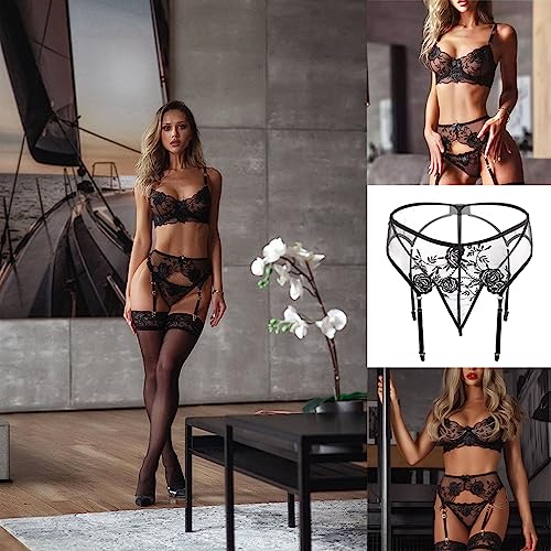 Strumpfhalter Frauen Strapsgürtel Hüfthalter Strapsen Dessous Sets Breit Unterwäsche Strapsstrümpfe Sexy Spitze mit 4 Halter Verstellba Strumpfbänder Strumpfgürtel für Damen + G-string (Schwarz)
