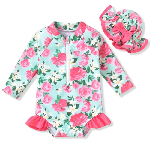 Image of Aalizzwell Baby Girls Long Sleeve One Piece Swimsuit with Hat