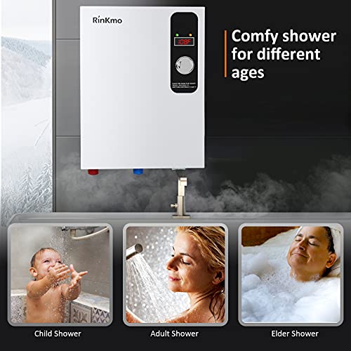 RINKMO Tankless Water Heater Electric 18KW 240V Instant Residential Electric on Demand Water Heater for Bathroom Bathtub rv Whole House and Point-of-Use Shower Sink Small