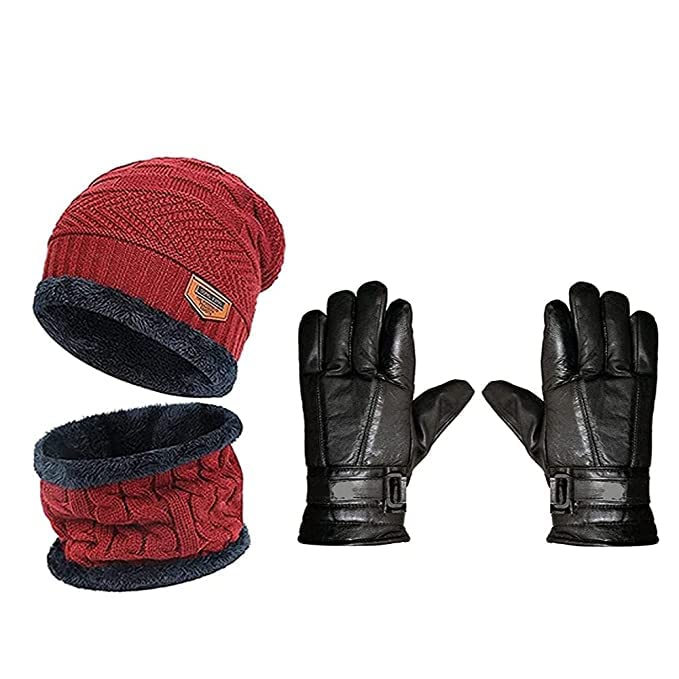 zeki Winter Soft Warm Snow Proof Woolen Beanie Cap Neck Scarf Set with Leather Hand Gloves for Men & Women (Red) Hand Gloves (Black)-picture-32