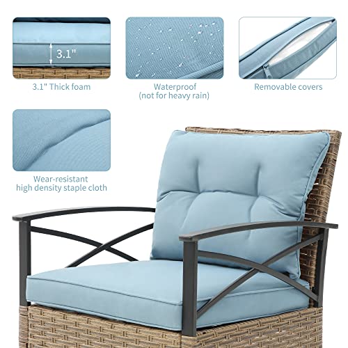 Villeston Outdoor Rocking Chairs Set - 3 Pieces Patio Bistro Set Outside Furniture 2 Wicker Rocker Chairs with Blue Cushions and Table for Porch Lawn - Thumbnail 3