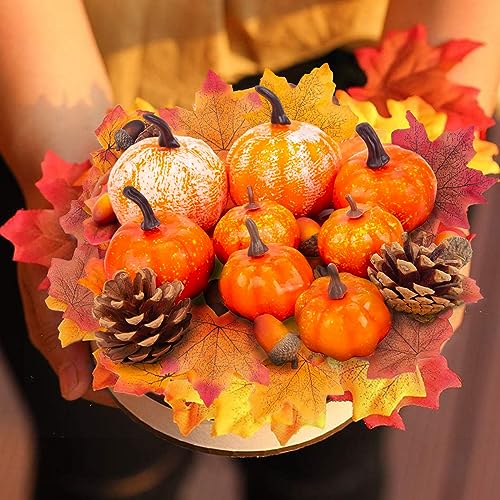 HANSGO 50 PCS Fall Decorations Artificial Pumpkins and Gourds Set, 8 PCS Fake Pumpkins with 42PCS Pinecones Acorns and Maple Leaves for Harvest Pumpkin Tables Centerpiece Fall Wedding Decor - Thumbnail 6