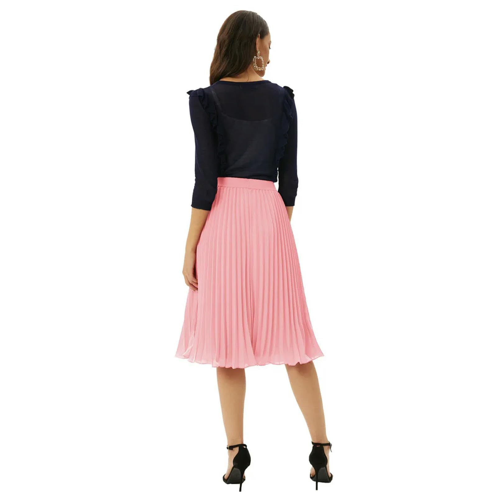 Gonna Midi in Maglia a Costine a Trapezio Svasata a Pieghe a Vita Alta da Donna Gonna Longuette con Vita Elasticizzata al Ginocchio da Donna-Verde nerastro-S