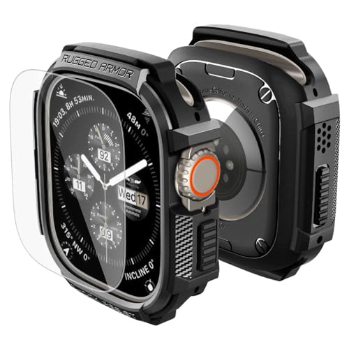 Spigen Rugged Armor Cover con Pellicola Protettiva TPU in Vetro Temprato Compatibile con Apple Watch Ultra 3/2/1 49mm, Custodia con protezione per lo schermo – Nero Opaco