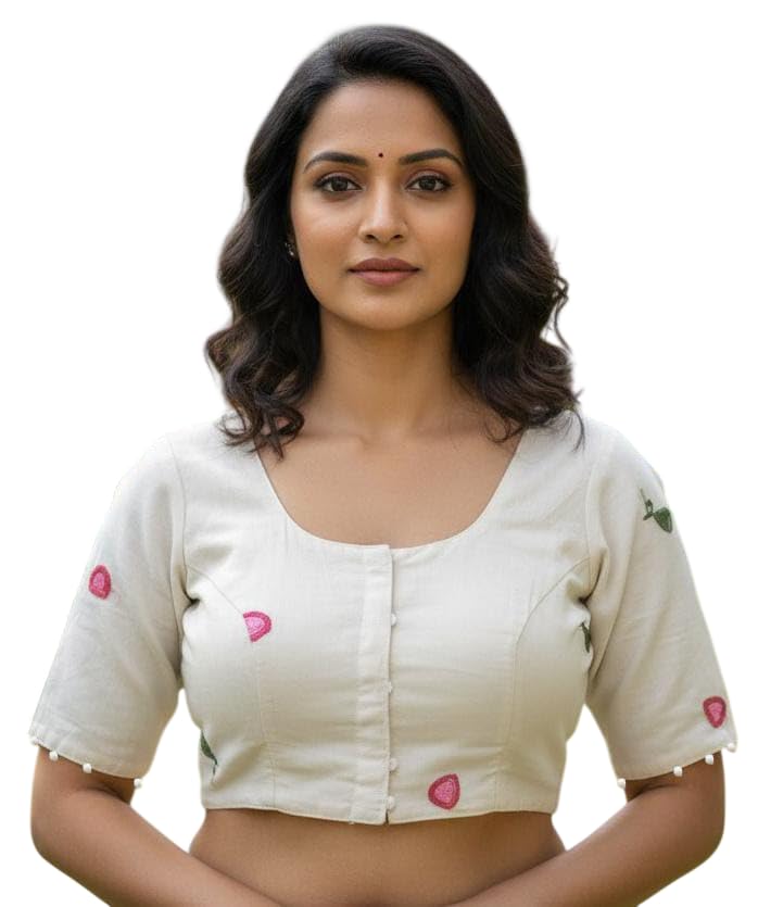 dhwanix look Traditional Embroidered Crop Top Blouse for Women, Cream Color with Lotus and Cow Design, Short Sleeve, Adjustable Size up to 38 Inch Bust-picture-46