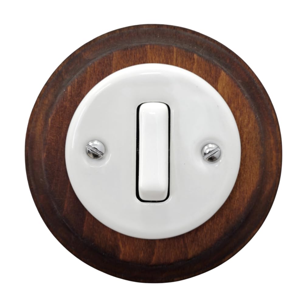Porcelain White Rocker Light Switch with Dark Wood Frame – 1-Gang, 2-Way Flush Mounted Ceramic Wall Switch, Vintage Slim Design, CE Certified, Retro Cottage Style