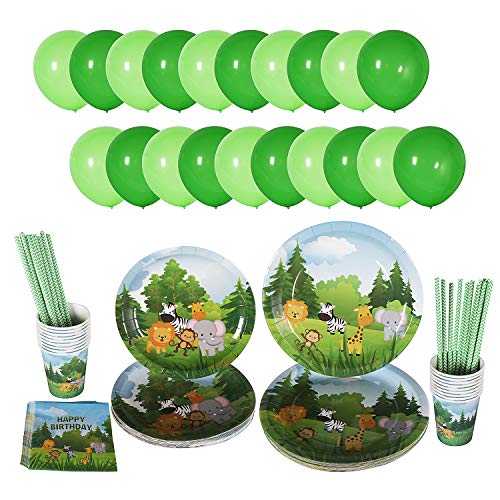 Preisvergleich Produktbild HAOCOO Party Geschirr Set - Servieren Sie 16 Gäste - Einweggeschirr Pappteller, Tassen, Servietten, Strohhalme und Luftballons Partyzubehör für Geburtstag Geschenkparty Party Dekoration - Urwald